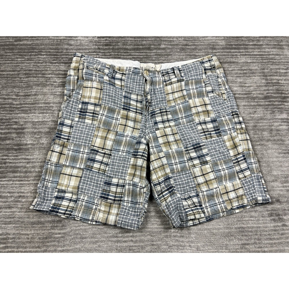 Madison Shorts Mens 40 Blue Tan Patchwork Plaid Cotton Flat Front Preppy‎ Casual
